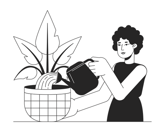 Mujer de pelo rizado regar planta de interior  Ilustración