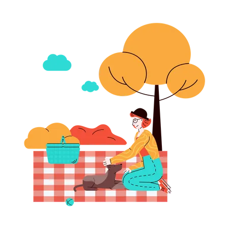 Mujer de picnic con perro mascota  Ilustración