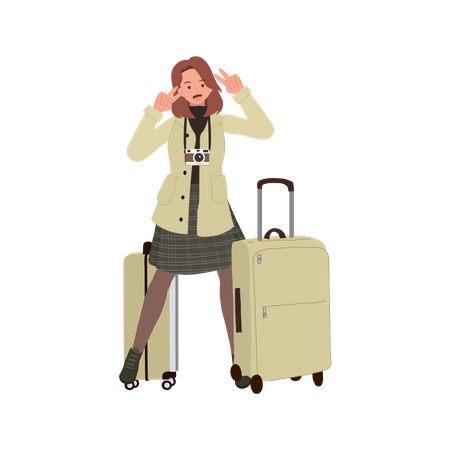Mujer de pie con bolsa de viaje  Ilustración