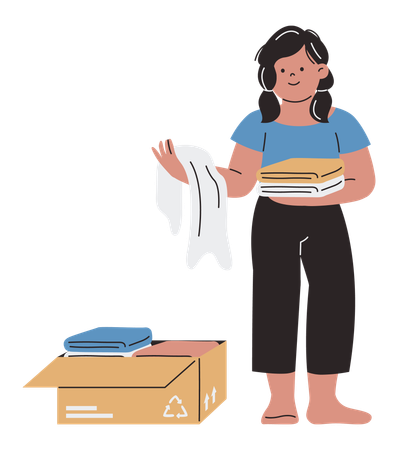 Mujer de pie con una caja de donación de ropa.  Ilustración