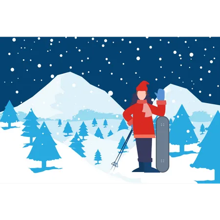 Mujer de pie con esquí sobre hielo  Ilustración