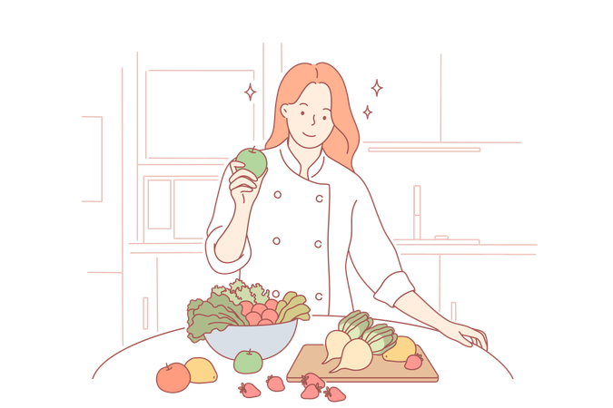 Mujer de pie con frutas y verduras saludables en casa  Ilustración
