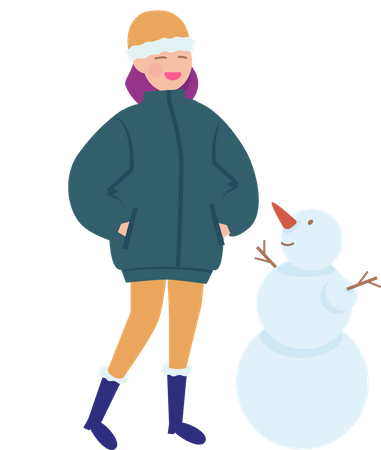 Mujer de pie con muñeco de nieve  Ilustración