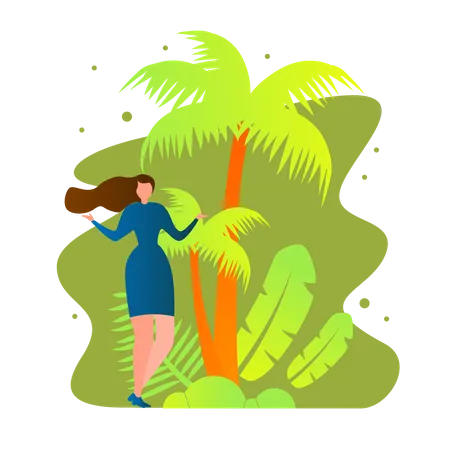 Banner Cuadrado De Tiempo Para El Verano Con Una Mujer Joven De Pie Sobre Fondo Tropical Con Palmeras Y Hojas Verdes Exoticas Vacaciones De Verano Viajes Tiempo Libre De Ocio Ilustracion De Vector Plano De Dibujos Animados Ilustración