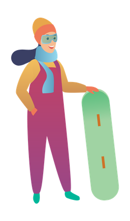 Mujer de pie con snowboard  Ilustración