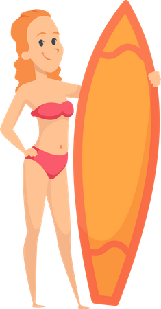 Mujer de pie con tabla de surf  Ilustración