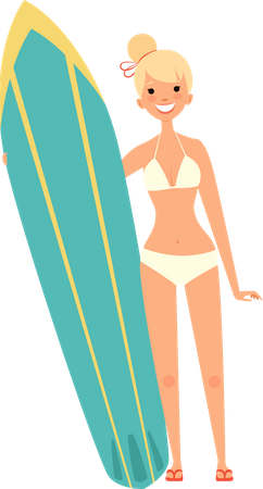 Mujer de pie con tabla de surf  Ilustración