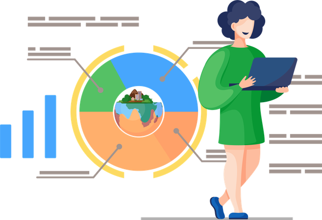 Mujer de pie con una computadora portátil realiza un gráfico de análisis de datos ambientales  Ilustración