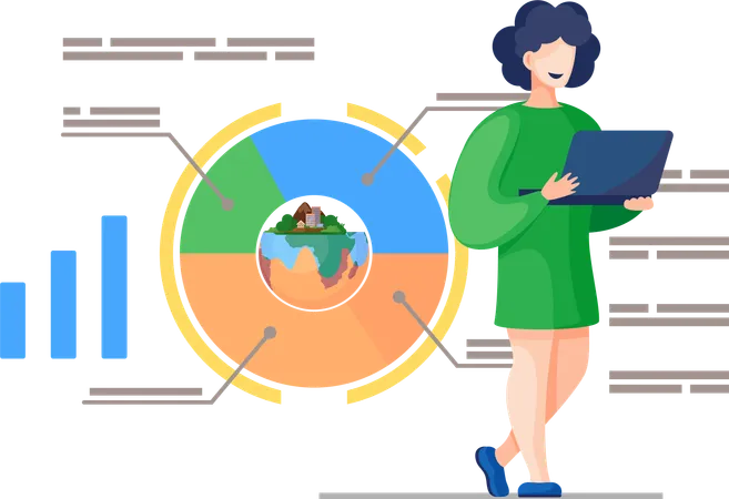 Mujer de pie con una computadora portátil realiza un gráfico de análisis de datos ambientales  Ilustración