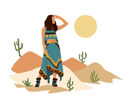 Mujer de pie en el desierto  Ilustración