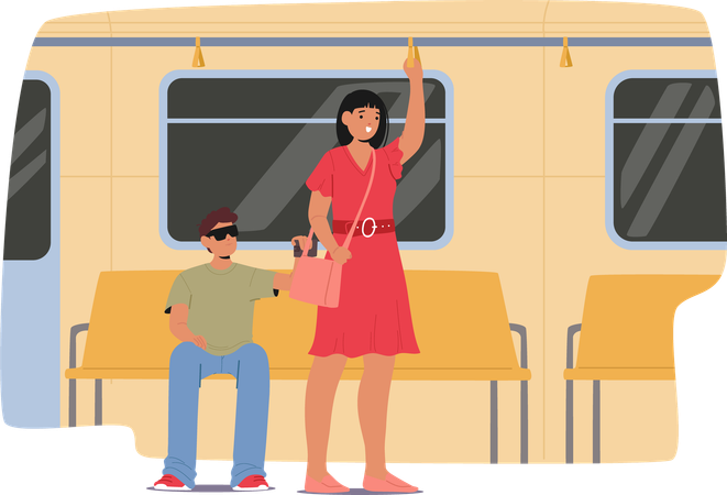 Mujer parada en transporte público sosteniendo una bolsa mientras otra figura sentada parece estar intentando robar  Ilustración