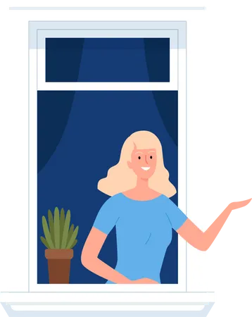 Mujer parada en la ventana  Ilustración