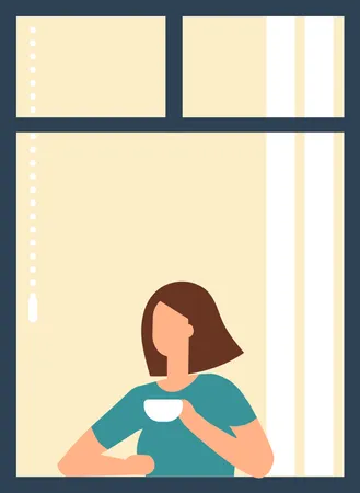 Mujer parada en la ventana y tomando café  Ilustración