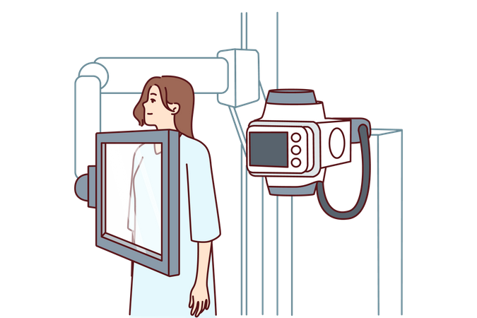 Mujer de pie en la máquina de rayos X  Ilustración