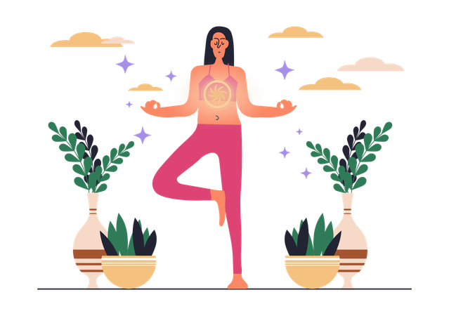 Mujer De Pie En Posición De Yoga Haciendo Meditación Y Respiración Para Conciencia  Ilustración