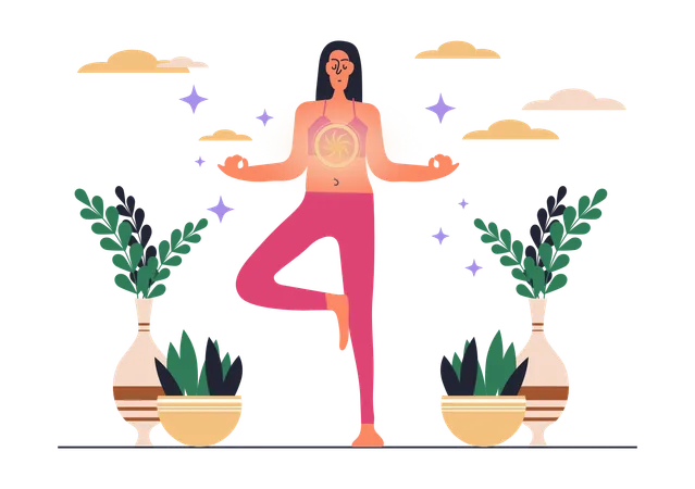 Mujer De Pie En Posición De Yoga Haciendo Meditación Y Respiración Para Conciencia  Ilustración