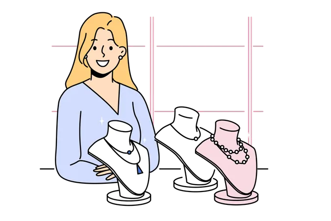 Mujer parada en una joyería cerca de una vitrina con collares hechos de diamantes  Ilustración