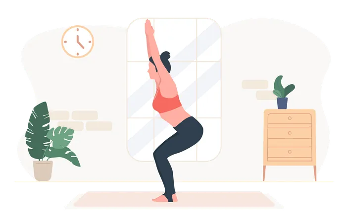 Mujer de pie en ejercicio utkatasana  Ilustración