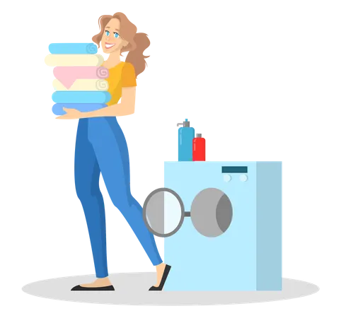 Mujer parada junto a la lavadora con un montón de ropa  Ilustración