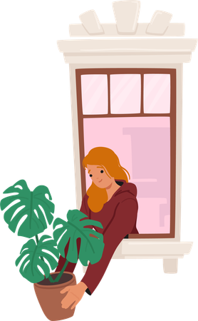 Mujer parada junto a la ventana con una exuberante planta de interior en sus manos  Ilustración