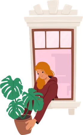 Mujer parada junto a la ventana con una exuberante planta de interior en sus manos  Ilustración