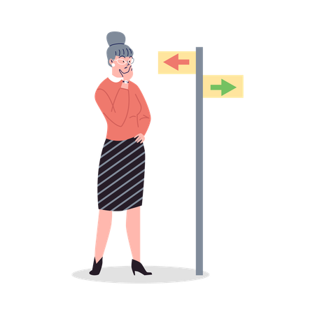 Mujer parada junto a un tablero de flechas  Ilustración