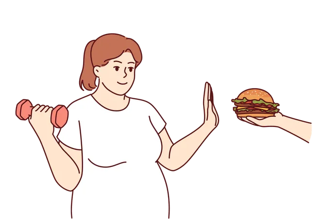 Una mujer de gran tamaño se pone a dieta tratando de deshacerse del exceso de peso renunciando a las hamburguesas y levantando pesas  Ilustración