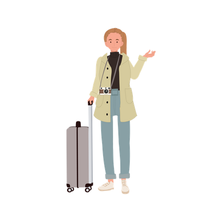 Mujer viajera con equipaje de mano, turista con equipaje de manoChica con bolsa de viaje  Ilustración