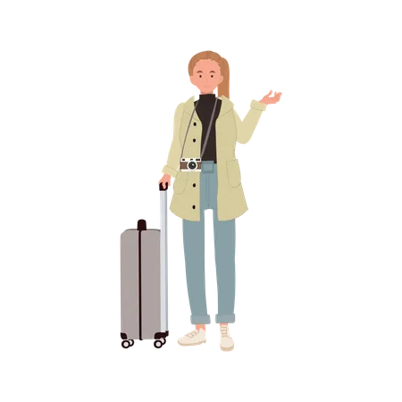 Mujer viajera con equipaje de mano, turista con equipaje de manoChica con bolsa de viaje  Ilustración