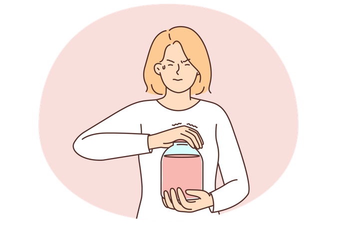 Una mujer débil y casual abre un frasco de jugo o compota mientras intenta desenroscar la tapa atascada  Ilustración