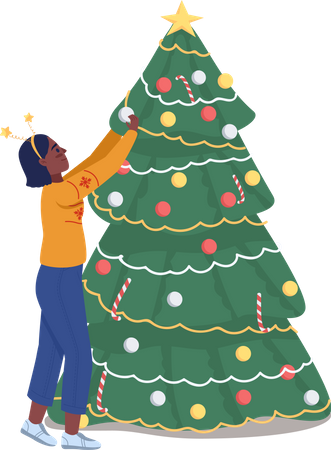 Mujer decorando el árbol de Navidad  Ilustración