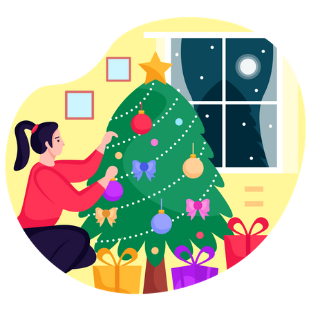 Mujer decorando arbol de navidad  Ilustración