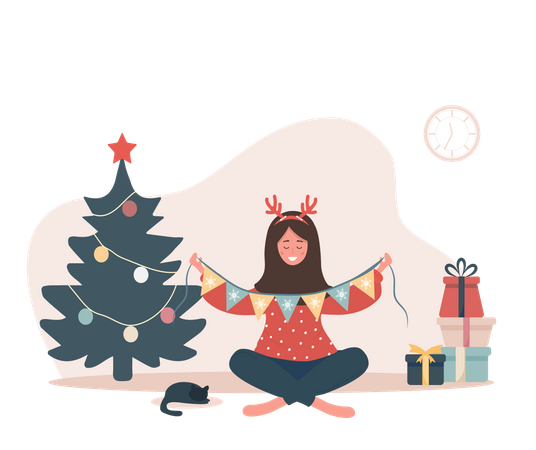 Mujer decorando arbol de navidad  Ilustración