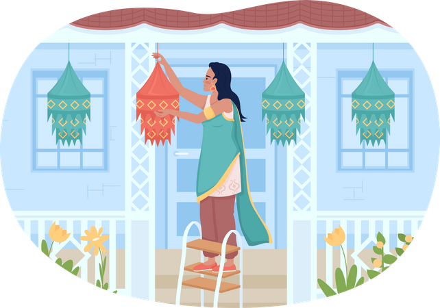 Mujer decorando casa para el festival Diwali  Ilustración