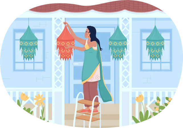 Mujer decorando casa para el festival Diwali  Ilustración