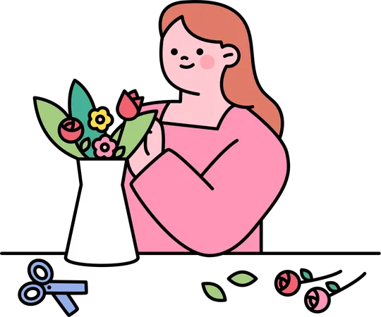 Mujer decorando florero  Ilustración