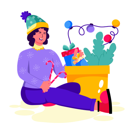 Mujer decorando regalo de navidad  Ilustración