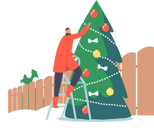 Mujer decorar árbol de Navidad en el patio de la casa  Ilustración