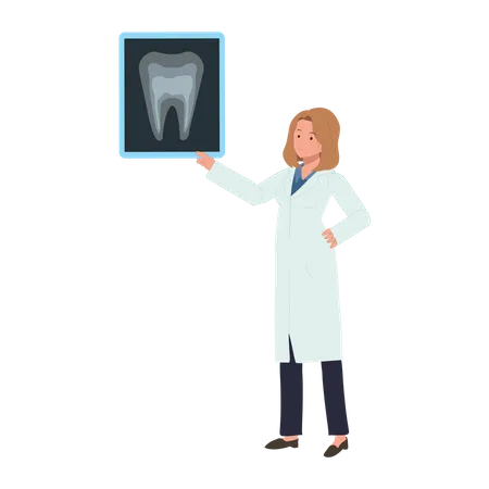 Mujer dentista con informe de rayos X dentales  Ilustración