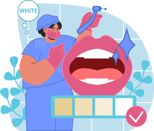 Mujer dentista limpiando los dientes  Ilustración