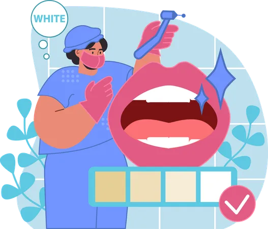 Mujer dentista limpiando los dientes  Ilustración