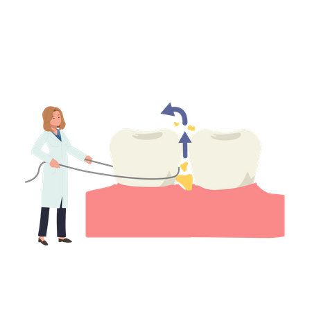 Mujer dentista mostrando el uso de hilo dental  Ilustración