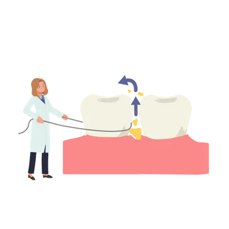 Mujer dentista mostrando el uso de hilo dental  Ilustración