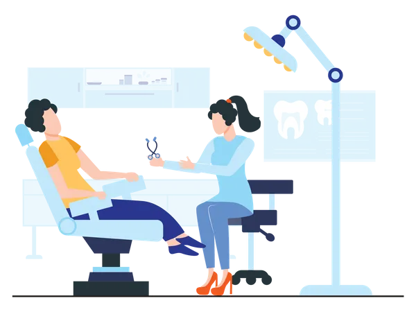 Dentista mujer tratando al paciente  Ilustración