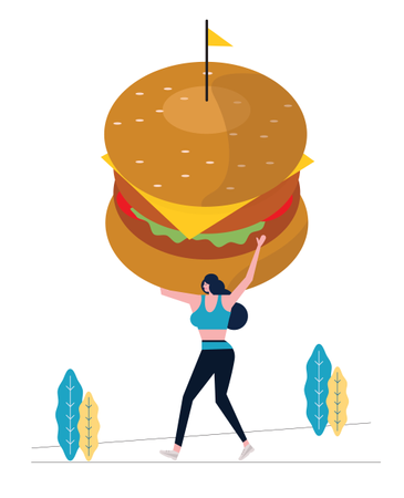 Mujer deportiva sosteniendo una hamburguesa grande y haciendo ejercicio  Ilustración