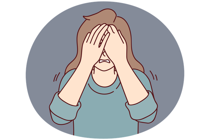 Mujer deprimida se cubre los ojos con las manos cuando llora o ve algo aterrador  Ilustración