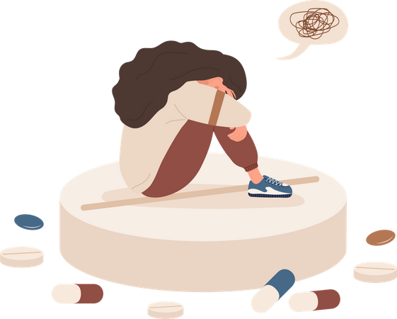 Mujer deprimida sentada sobre la píldora  Ilustración