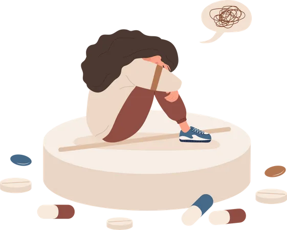Mujer deprimida sentada sobre la píldora  Ilustración