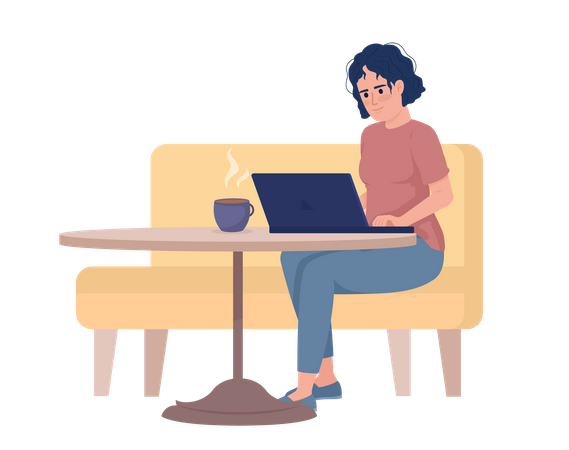 Mujer desaliñada escribiendo en una computadora portátil desde un café  Ilustración