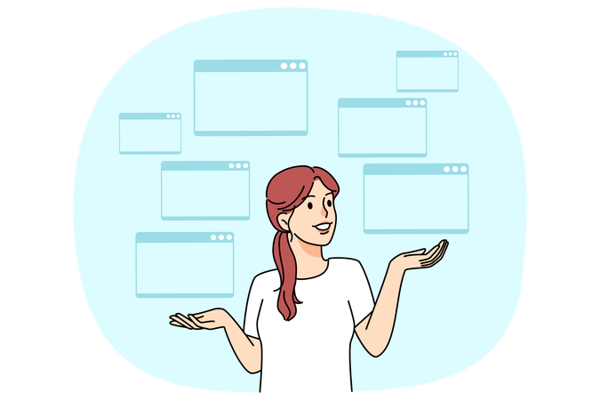 Mujer desarrollando proyecto en computadora  Ilustración